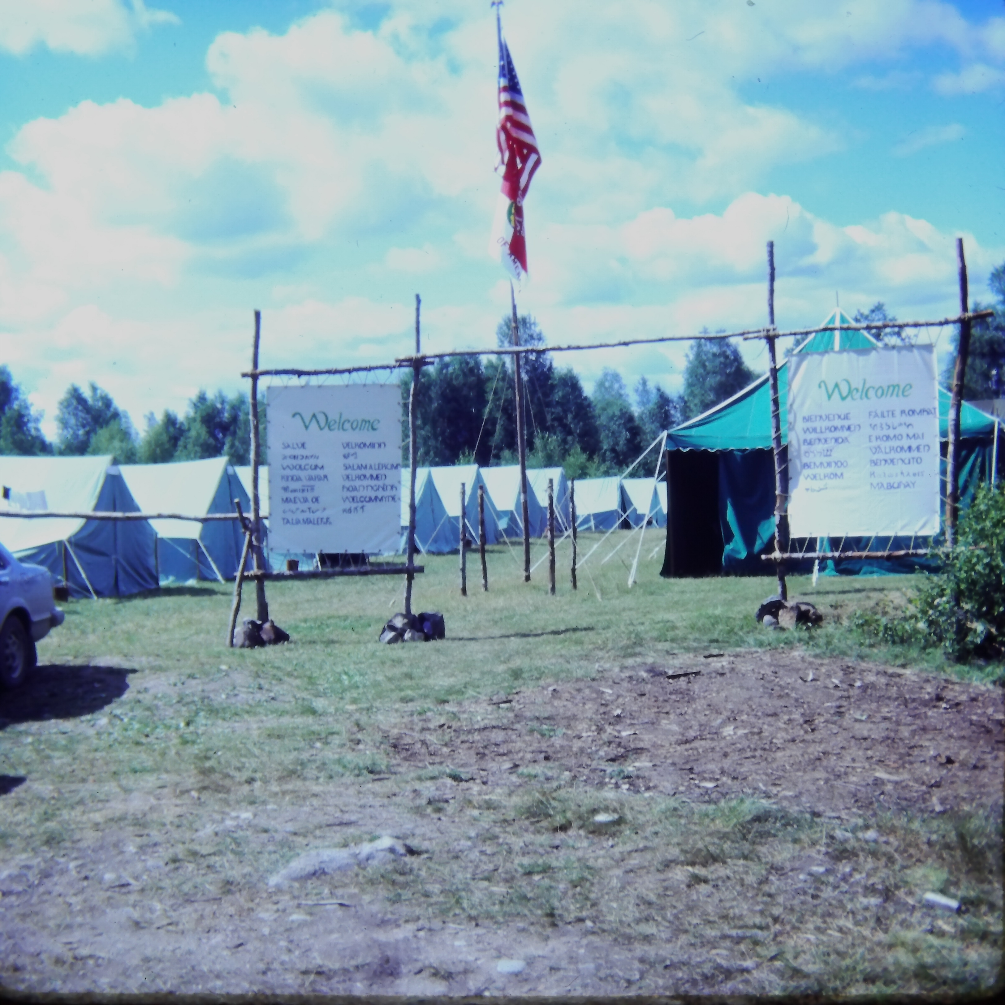 American contingent headquarters sign and flags